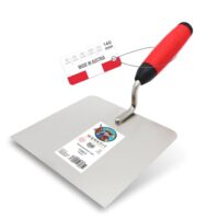 Professionell eingesetzte Gipserkelle aus Edelstahl 140mm für optimale Unterstützung bei Bauprojekten, Softgriff und Anti-Rutsch-Beschichtung für maximalen Komfort und Sicherheit.