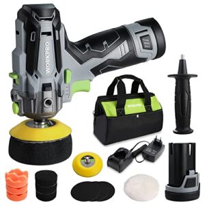 Mini Poliermaschine 12V Akku, poliert Autos Möbel und Metall mit hoher Geschwindigkeit von 7500RPM, inkl. 2 x 2,0Ah Batterien, Schnellladung in 1 Stunde, 75mm Polierschwamm + Wollscheibe