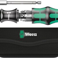 Multifunktionales Werkzeug Wera Kraftform Kompakt 28 mit Tasche und Bitmagazin für universellen Einsatz. Rechtsdrehendes Bitmagazin aus Edelstahl mit Dauermagnet.