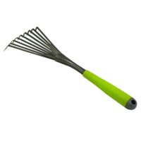 Xclou Kleinbesen in Schwarz, pulverbeschichteter Rechen mit Silber-Hammerschlag, Gartenwerkzeug mit 9 flachen Federstahlzinken
