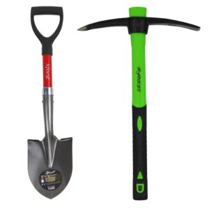 Spitzhacke und Schaufel für Gartenarbeit, Camping, Wandern, Schneesetzen und Strand. Hochwertige Werkzeuge aus Glasfasergriff und geschmiedetem Stahl.