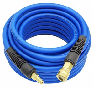 Druckluftschlauch Hybrid 15 m lang mit 1/4-Zoll-Deutschland-Schnellkupplungsanschlüssen und Biegebegrenzer, Blau