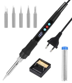 Zawaer Lötkolben Set mit 100W LED Lötkolben, Einstellbare und Verriegelte Temperaturen 180-500°C, ON/OFF, 10g Lötdraht, 5 Lötspitzen, Lötkolbenständer für Elektronik und Hausgebrauch
