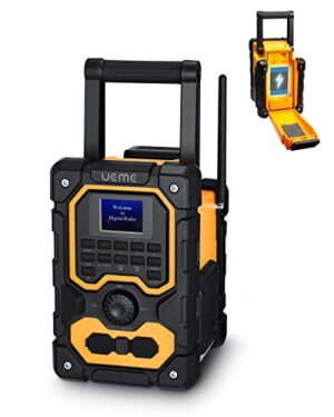 Baustellenradio mit DAB+ und FM Empfang, robustes Radio mit Bluetooth, Ladestation und Aux Anschluss, wiederaufladbare Akku