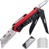 BEEK Teppichmesser Profi, Cuttermesser Klappmesser mit Clip, Mehrzweckmesser Metallgriff, Taschenmesser für Schneidearbeiten, Handwerk, DIY, Universalmesser mit 5 zusätzlichen SK5 Klingen