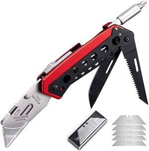 BEEK Teppichmesser Profi, Cuttermesser Klappmesser mit Clip, Mehrzweckmesser Metallgriff, Taschenmesser für Schneidearbeiten, Handwerk, DIY, Universalmesser mit 5 zusätzlichen SK5 Klingen