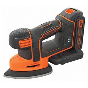 BLACK+DECKER Akku-Dreieckschleifer Mouse (18V, 1.5 Ah, inkl. 400mA Ladegerät, Fingerschleifer-Aufsatz, 3x Schleifgitter, 2x Fingerschleifgitter, Staubfangbehälter, in Werkzeugtasche)