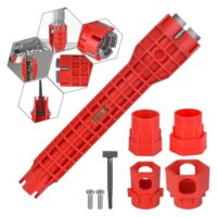 Multifunktionales Werkzeug für die Installation von Waschbecken und Spülen, umfasst Spülenschlüssel, Armaturenschlüssel und Rohrschlüssel, geeignet für Toilette, Bad und Küche.