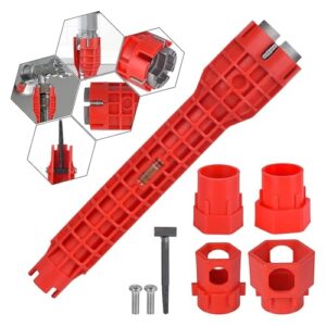 Multifunktionales Werkzeug für die Installation von Waschbecken und Spülen, umfasst Spülenschlüssel, Armaturenschlüssel und Rohrschlüssel, geeignet für Toilette, Bad und Küche.