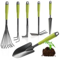 Gartenwerkzeuge, Doppelhacke, Kleingrubber, Blumenkelle, Handrechen und Fugenkratzer für Gartenarbeit