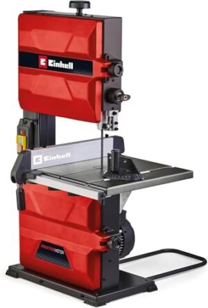 Bild einer Einhell Bandsäge TC-SB 245 L mit neigbarem Sägetisch und Absauganschluss für leistungsstarke Arbeit im Heimwerkerbereich.