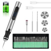 Elektrischer Gravierstift mit USB-Wiederaufladung und verschiedenen Werkzeugen für die Gravur von Materialien wie Metall, Glas, Holz und Stein