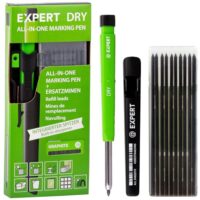 EXPERT DRY All-in-One Markierstift inkl. 11 Minen mit integriertem Spitzer | Nachfüllbarer Tieflochmarker für Holz, Glas, Metall und Zimmermannsbleistift