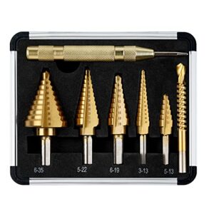 Set aus 5 Bohrern für verschiedene Durchmesser, einschließlich automatischem Zentralbohrer und Spiralbohrer, konischer Schneidbohrer mit Doppelschlitz und Titanbeschichtung
