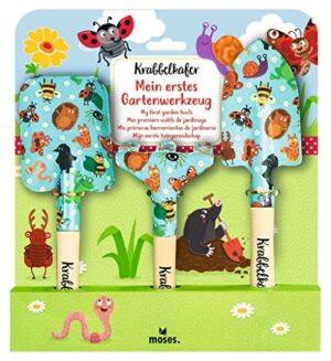Krabbelkäfer, ein 3-teiliges Garten-Set für Kinder mit Gartenschaufel, Handspaten und Unkrautharke in bunten Farben