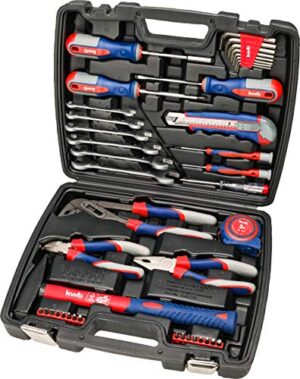 Werkzeugkoffer mit 42 verschiedenen Werkzeugen, gefüllt, robust und hochwertig, ideal für Haushalt und Garage, GS-geprüft, Kunststoffkoffer in Rot, Blau oder Grau