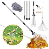 Laubrechen, Gartenrechen mit verstellbarer Metallstange und Handschuhen, Laubfächer, Rasenrechen für die Reinigung von Pflanzen, Rasen und Hof