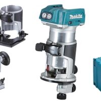 Multifunktionsfräse von Makita DRT50ZJX2 18V in einer Werkstatt bei der Arbeit, Roboterarm und Werkzeuge in der Nähe