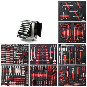 Ergonomischer Werkzeugtransport mit 7 Schubladen, davon 5 mit Vollauszug, perfekt für Heimwerker und Handwerker. Robuste Haltestange und starken Schiebegriff aus kaltgewalztem Stahl.