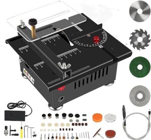 Mini Tischkreissäge 100W Multifunktionales Tragbares Präzisions DIY Miniatur Tischkreissägen mit 4 Klingen, 7 Einstellbaren Geschwindigkeit, 0.1-16mm Sägeblatt für Handwerk und Handgefertigtes Holz