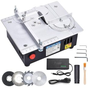 Mini Tischkreissäge mit 4 Klingen, 7-Gang-Netzteil Einstellbarer Präzisions Table Saw, 96W Tragbare 0,1-15mm Sägeblatt Höhenverstellbarer und Sicherheitsklappe für Holzbearbeitung