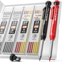Nicpro Tieflochmarker Bleistift Set für Holzbearbeitung, 2 Zimmermannsbleistifte mit 26 Minen und Bohrlochmarker Druckbleistift