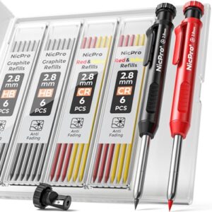 Nicpro Tieflochmarker Bleistift Set für Holzbearbeitung, 2 Zimmermannsbleistifte mit 26 Minen und Bohrlochmarker Druckbleistift