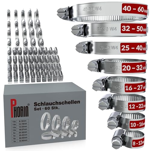Phorin 60x Schlauchschellen Set - 8 Größen von 8-60 mm, extra starke Rohrschellen und Schlauchklemmen aus Edelstahl V2A für Auto, Haus, Garten und mehr