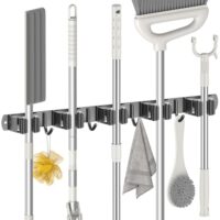 Funktionsbesenhalterung Wand mit 5 Haltern und 4 Haken, Selbstklebe-Besenhalter aus Edelstahl für Gartengeräte und Haushaltsarbeiten, Besenhalter Mop Halter