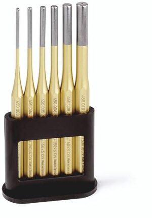 Hochwertiger Rennsteig-Splintreibersatz mit 6 verschiedenen Durchmessern: 3,4,5,6,8 und 10mm aus hochkarättem Chrom-Vanadium-Stahl. Sicherheitsschlagkopf und abgerundete Kanten für sichere Handhabung.