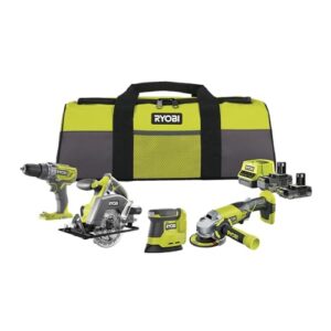 Ryobi 18V ONE+ Akku-Combo-Kit mit verschiedenen Werkzeugen und Batterien, Ladegerät und Werkzeugtasche