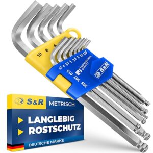 Innensechskantschlüsselsatz HX 13-tlg mit Kugelkopf, Innensechskant Lang, Cr-V-Stahl gehärtet, Winkelschlüssel rostfrei, Sechskant Schlüssel-Set in stabilem Klapp-Halter