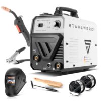 Vollausstattung für professionelles Schweißen, STAHLWERK Schweißgerät Mini FLUX 120 ST mit synergischem Drahtvorschub und echten 120 Ampere