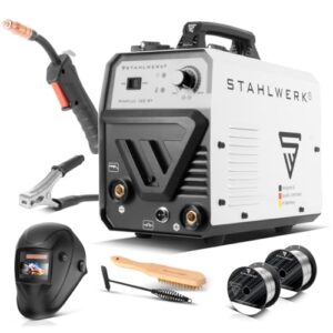 Vollausstattung für professionelles Schweißen, STAHLWERK Schweißgerät Mini FLUX 120 ST mit synergischem Drahtvorschub und echten 120 Ampere