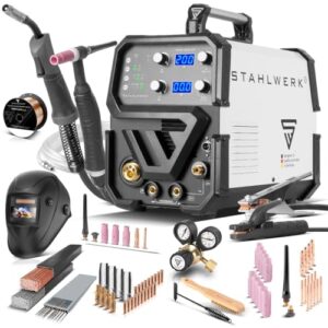 STAHLWERK Schweißgerät 3 in 1 Kombi Vollausstattung MTM-200 ST, Inverter mit 200 A, WIG, MIG MAG, MMA, synergischer Drahtvorschub, 4-Rollen-Antrieb, HF-Zündung, Fülldraht geeignet für Stahl und Dünnblech