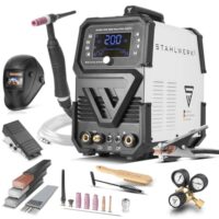 STAHLWERK Schweißgerät Vollausstattung AC/DC WIG 200 Puls Pro Digital, Inverter mit 200 A, IGBT, MMA/ARC, Puls- & Spot-Funktion, Jobspeicher, digital einstellbar für Alu, Dünnblech, DC & AC WIG
