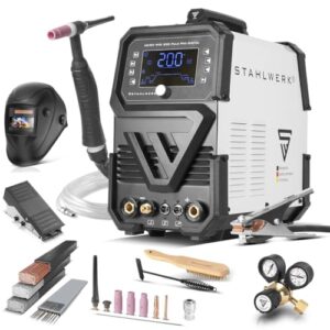 STAHLWERK Schweißgerät Vollausstattung AC/DC WIG 200 Puls Pro Digital, Inverter mit 200 A, IGBT, MMA/ARC, Puls- & Spot-Funktion, Jobspeicher, digital einstellbar für Alu, Dünnblech, DC & AC WIG