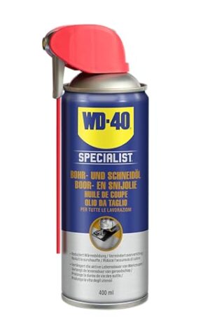 Bild eines klappbaren Sprührohrs, das ein WD-40-Spezialbohr- und Schneidöl enthält. Das Produkt ist für alle Metalle geeignet und reduziert Reibung und Verschleiß.