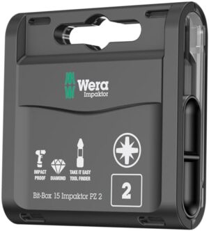 Wera 15 Bit-Set Impaktor PZ 2 Sortiment in einer Box, hochwertige Diamantbeschichtung und praktische Bit-Box für einfache Identifizierung und Entnahme der benötigten Bits