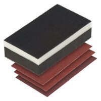 Multifunktionales Handschleifer-Set von wolfcraft, inklusive 3 Haft-Schleifstreifen und Klettgewebe für professionelles Schleifen auf verschiedenen Oberflächen.