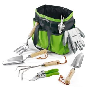 Gartenwerkzeug Set mit 8 verschiedenen Werkzeugen, Gartenschaufel, Blumenschere, Gartenkralle und Aufbewahrungstasche aus Edelstahl