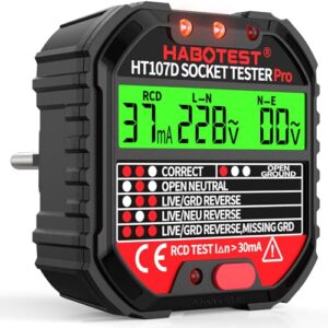 Steckdosentester mit RCD-Prüfung, Steckdosenprüfgerät mit Kontrollleuchten-Anzeige, 6 Arten von Fehlerdiagnose, Spannungsprüfer FI Tester 90-250V/45-65Hz, CAT ll 300V