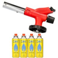 Z.M.C. Gasbrenner mit 1,0 kW Leistung und vier Gaskartuschen für verschiedene Anwendungen wie Löten, Erhitzen von Materialien, Kochen und Grillieren.