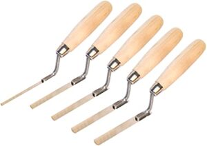 Fünf Fingerkellen mit flachen Edelstahl-Klingen und Holzgriffen in verschiedenen Breiten von 6, 8, 10, 12 und 14 mm für verschiedene Arbeiten wie das Bearbeiten von Holz oder Metall geeignet