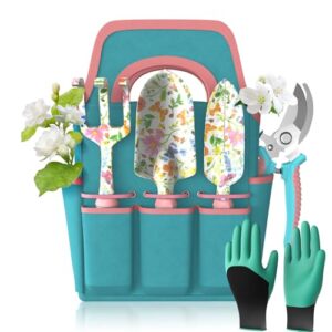 6-teiliges Gartengeräte-Set mit Gartenhandwerkzeugen aus Aluminiumlegierung, Starter-Kit mit Gartentasche, robustes Outdoor-Werkzeug-Set mit ergonomischem Griff und Blumenmuster, ideal für Gartenliebhaber