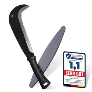 Traditionelle scharfe Machete mit rutschfester Kunststoffgriff und inklusive gratis Schleifstein für eine zuverlässige Schneidleistung in Gartenarbeit.