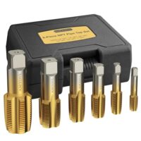 Hochwertiges Werkzeugset für Gewindebohrer mit 6 verschiedenen Größen, einschließlich 1/8", 1/4", 3/8", 1/2", 3/4" und 1" Zoll NPT. Aus Lagerstahl gefertigt mit titanbeschichteter Oberfläche.