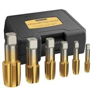 Hochwertiges Werkzeugset für Gewindebohrer mit 6 verschiedenen Größen, einschließlich 1/8", 1/4", 3/8", 1/2", 3/4" und 1" Zoll NPT. Aus Lagerstahl gefertigt mit titanbeschichteter Oberfläche.