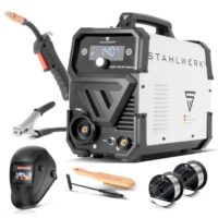 STAHLWERK Schweißgerät Mini FLUX 140 ST Digital - Vollausstattung für Fülldrahtschweißen ohne Schutzgas bis 140 A, kompakt und synergischer Drahtvorschub mit LED-Licht und Lift-TIG- sowie MMA/ARC-Funktion