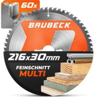 BAUBECK Sägeblatt 216x30 1.8mm Feinschnitt in Holz & Alu, 60 Zähne für Kapp- & Tischkreissägen kompatibel mit Metabo KGS 216M, GCM 8 SJL